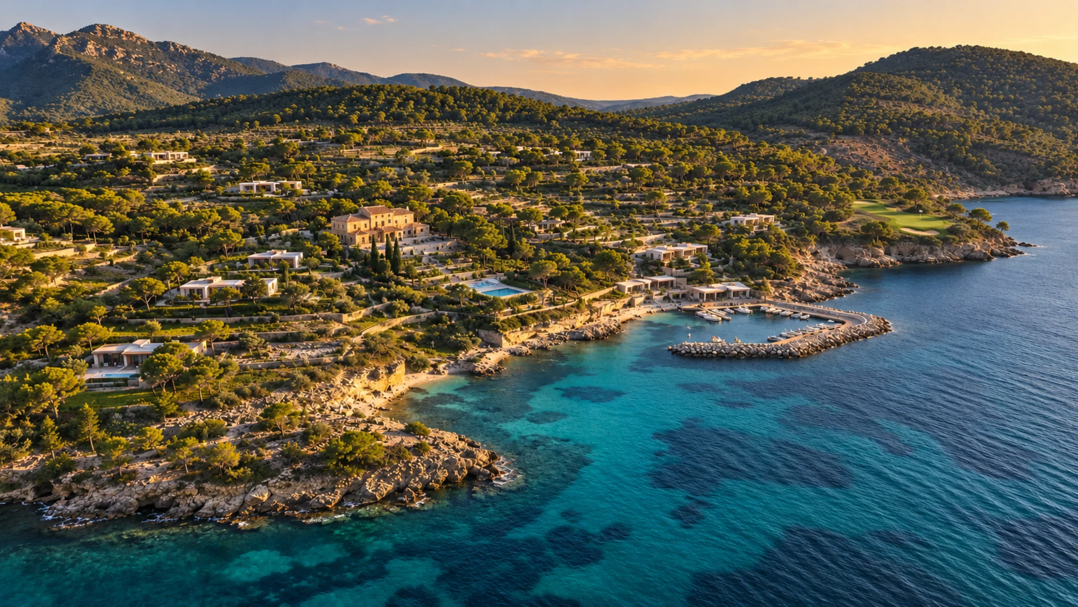 Coastal estate aerial with hospitality, villas, marina and golf