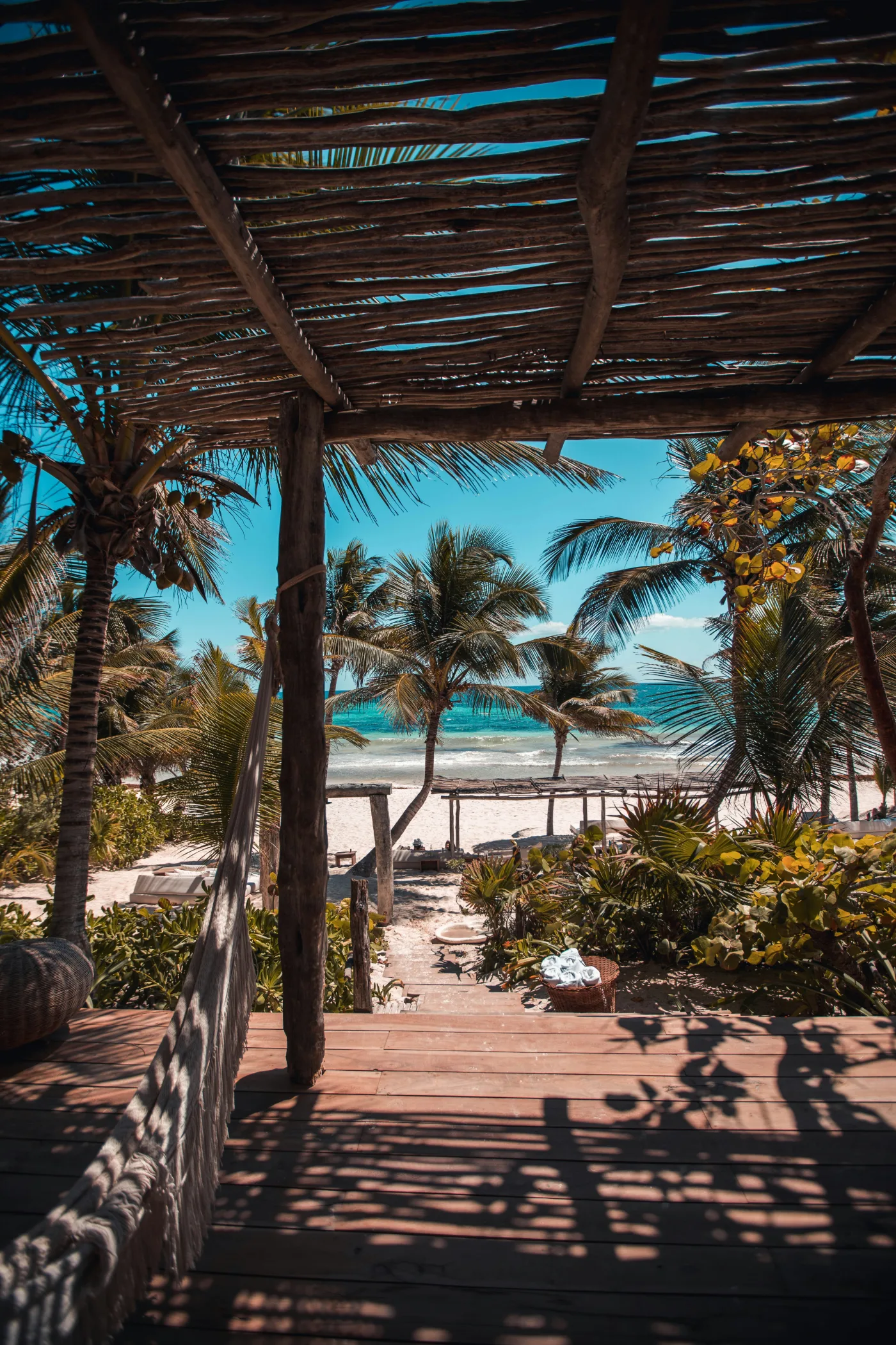 Palapa-shaded terrace opening onto a palm-lined beach