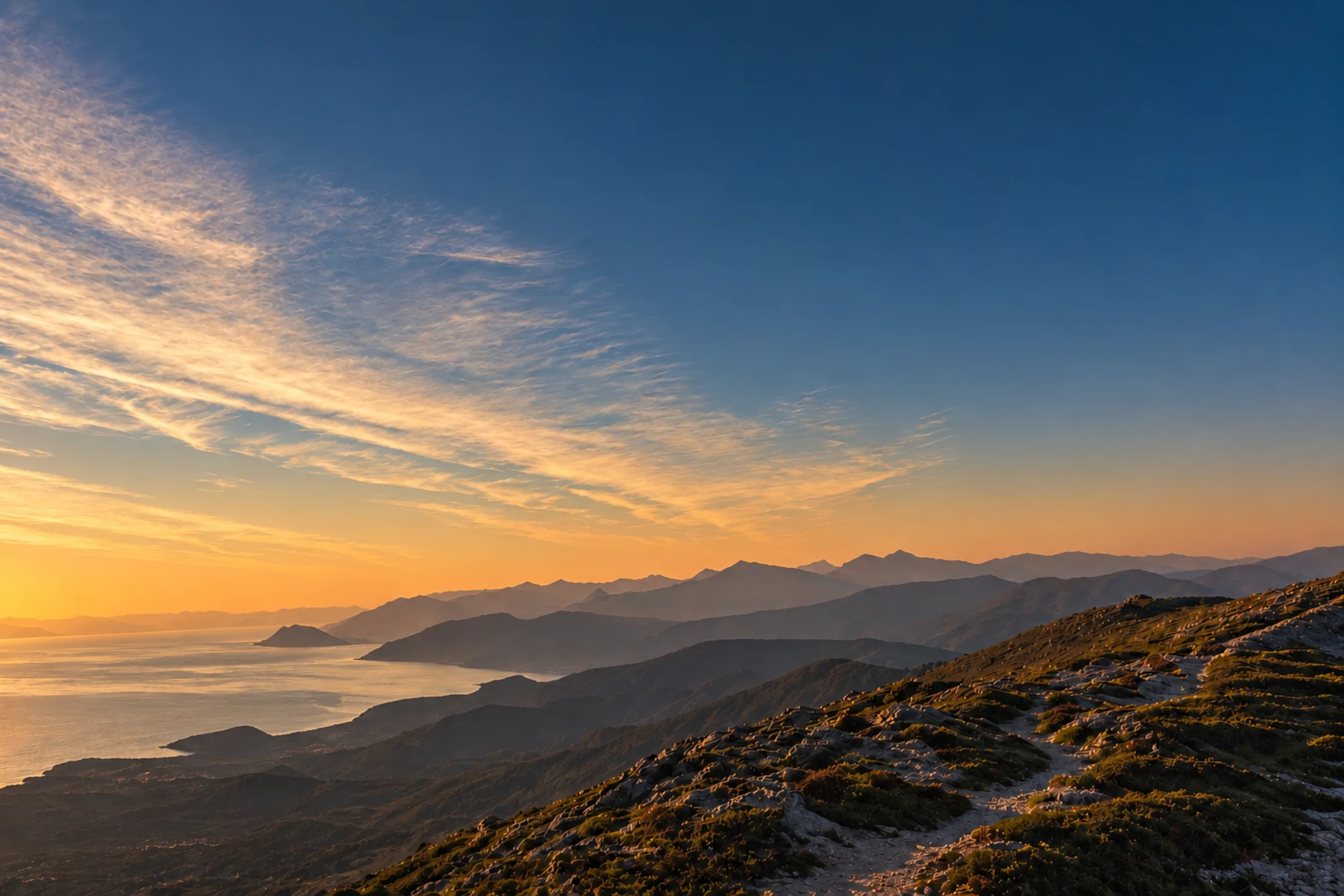 Mediterranean coastline and mountain ridges at sunset
